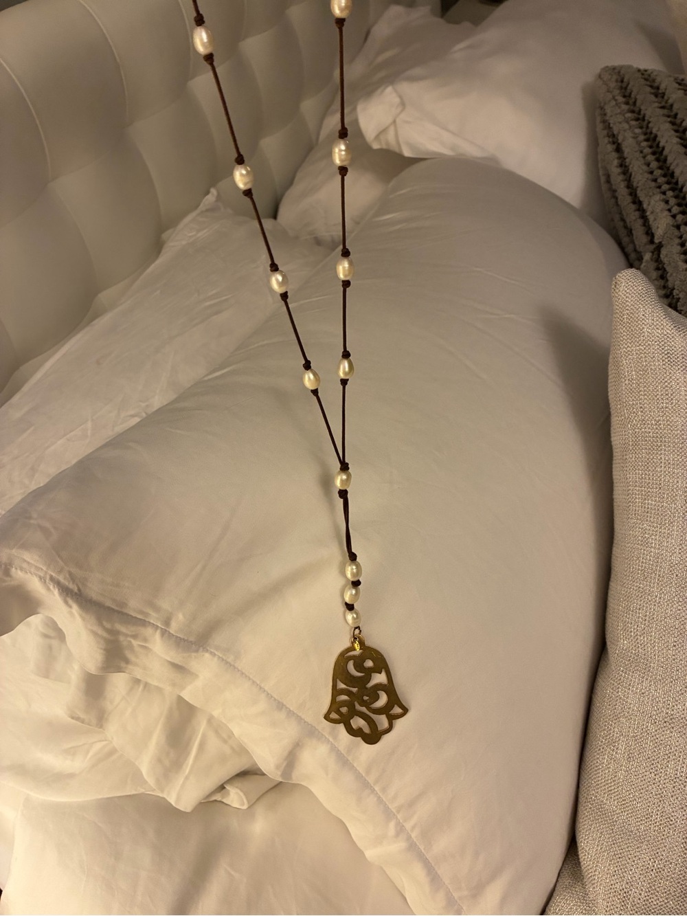 Source Unknown Gold Hamsa Pendant Necklace with Ivory Beads